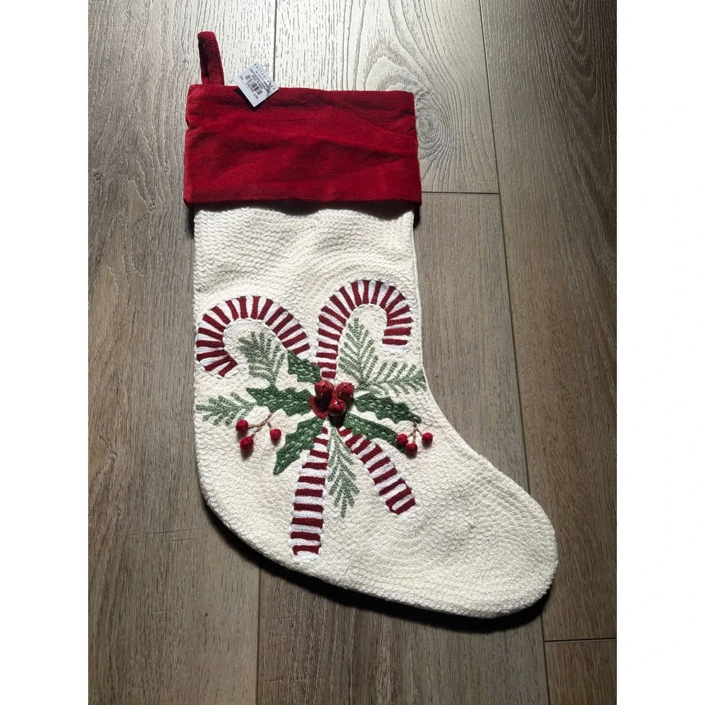 Pottery Barn Candy Cane Crewel Stitch Christmas Stocking Red Velvet Cuff 5751426